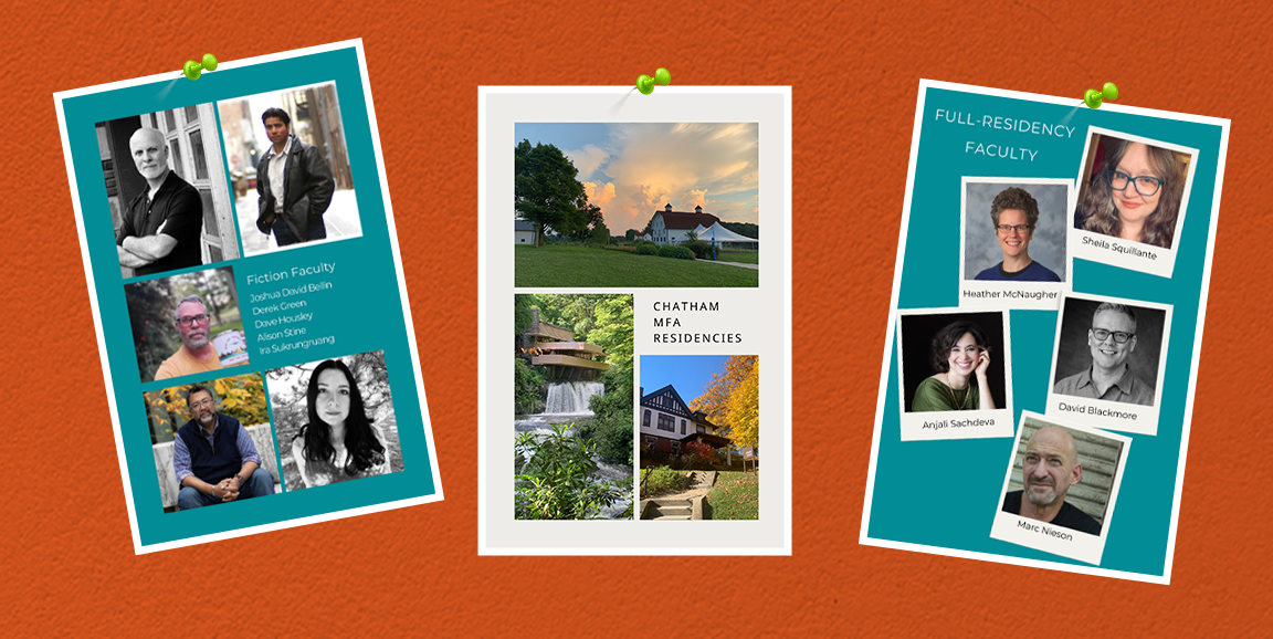 : Three photos of Chatham University faculty and residencies thumbtacked to an orange background