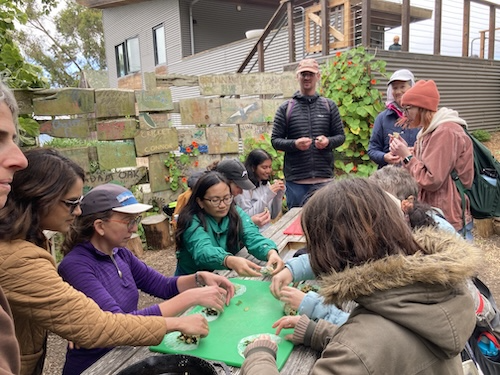 Group of people sitting at picnic table and working on a project together