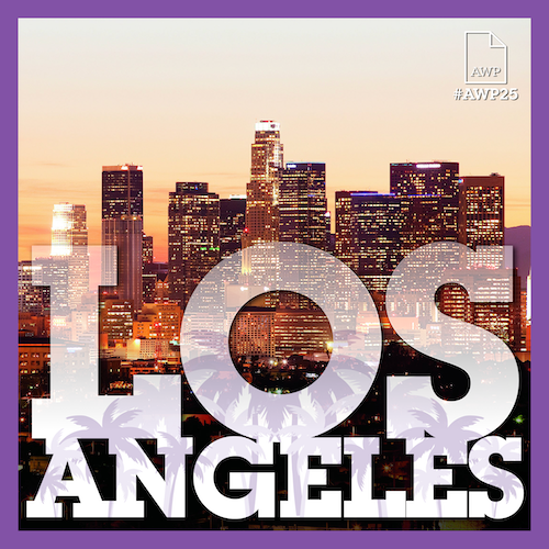 Los Angeles skyline at night with purple #AWP25 branding