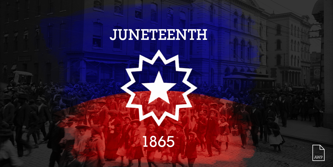 Historical photo of people celebrating Juneteenth in a city street, with a blue-and-red overlay, a white star, and the text Juneteenth 1865