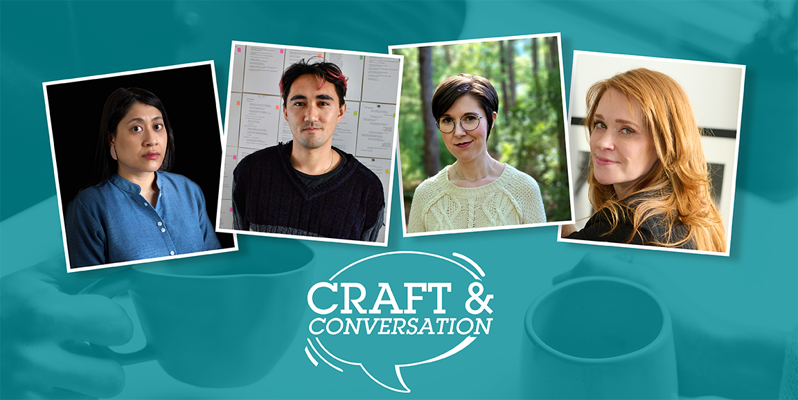 Headshot of four Craft & Conversation panelists over a teal overlay that covers two pairs of hands holding mugs