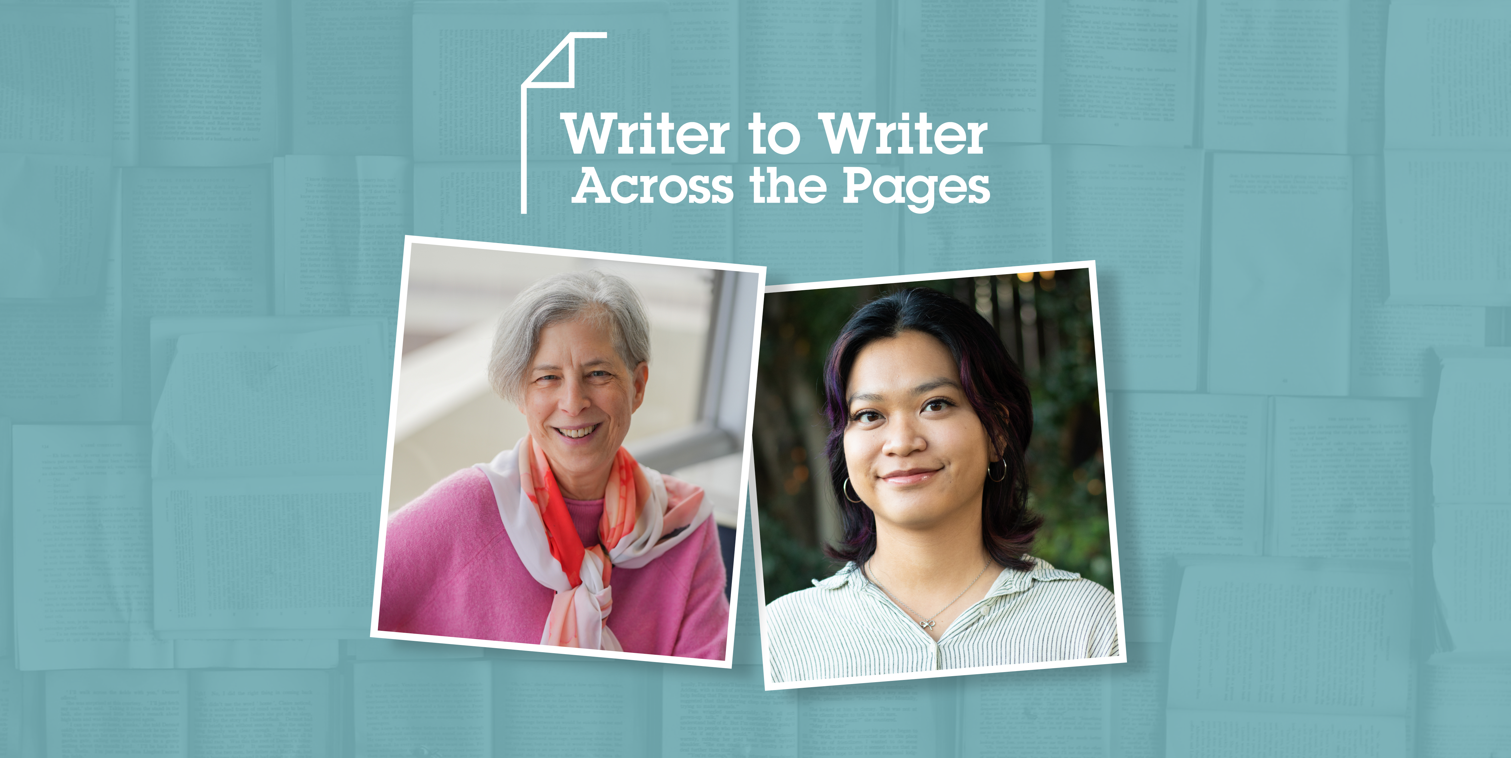 Headshots of mentor and mentee over a teal overlay that covers many pages with writing on them